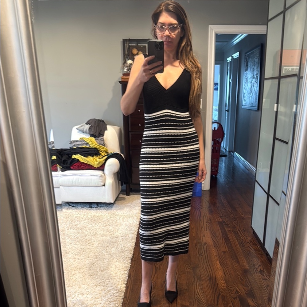 CASA CABANA Black and White Striped Midi knit Dress size L NWT